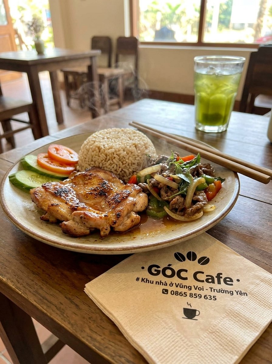 Cơm gà áp chảo bò xào