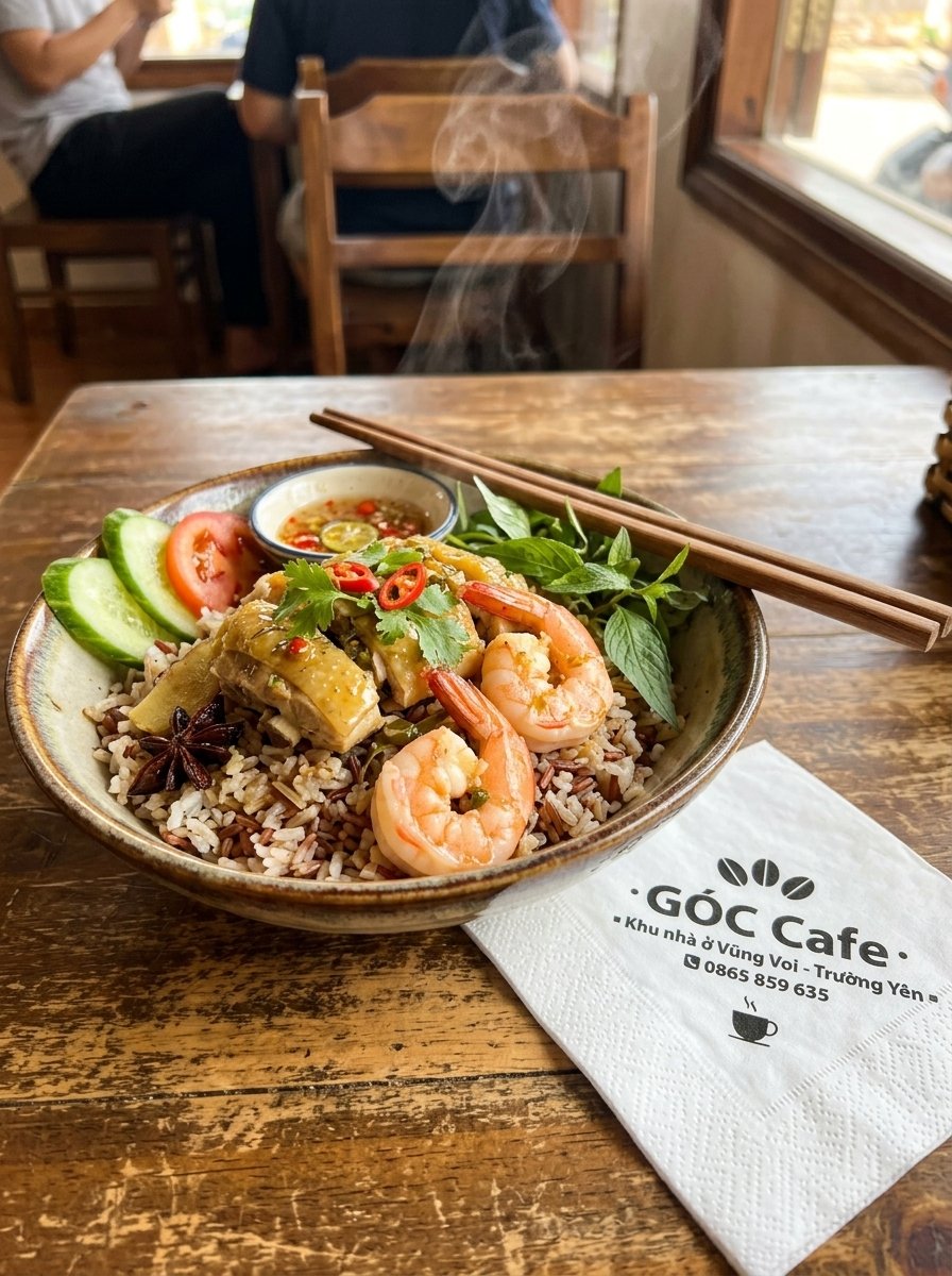 Cơm gà thảo mộc tôm hấp